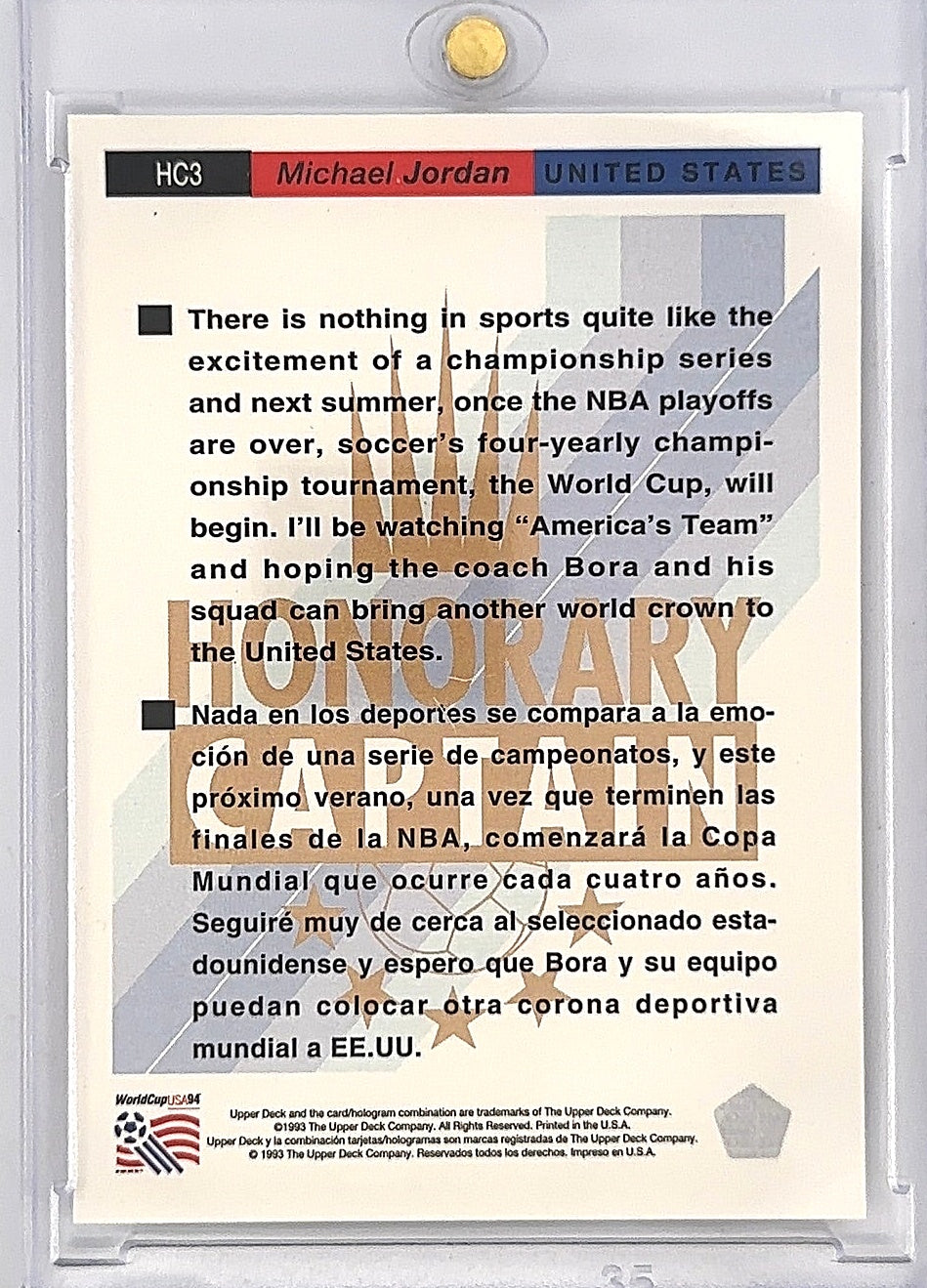 1993 Upper Deck Honorary Captain World Cup Michael Jordan #HC3 — back