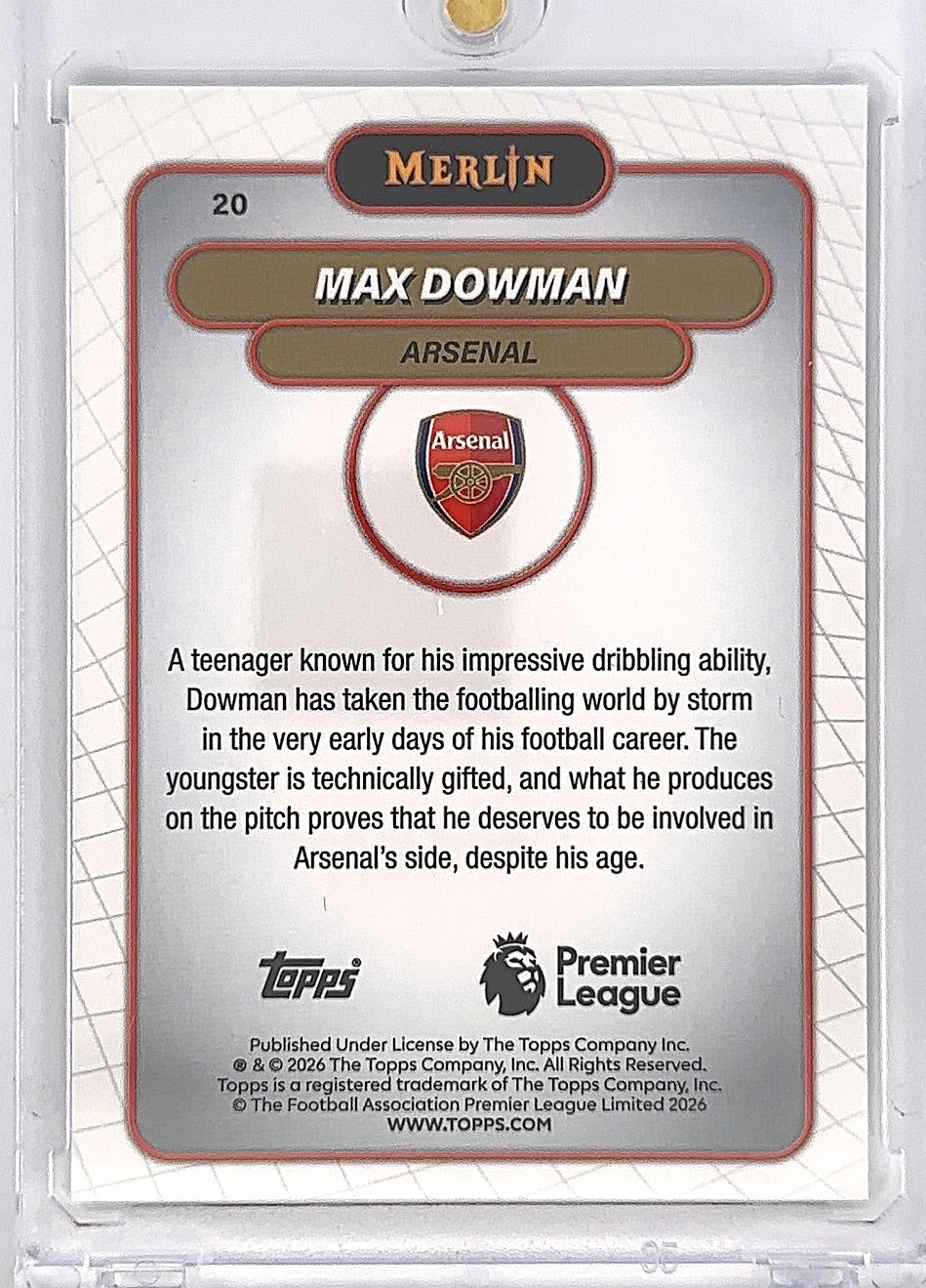 2026 Topps Premier League Merlin Max Dowman RC VHS Refractor #20 — back