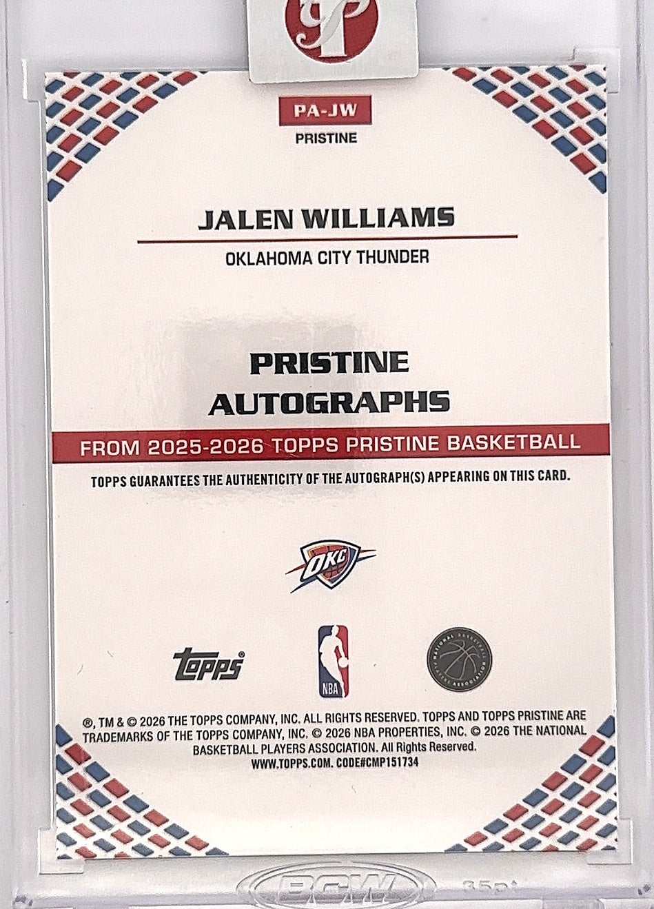 2025 Topps Pristine Autograph Jalen Williams #PA-JW — back