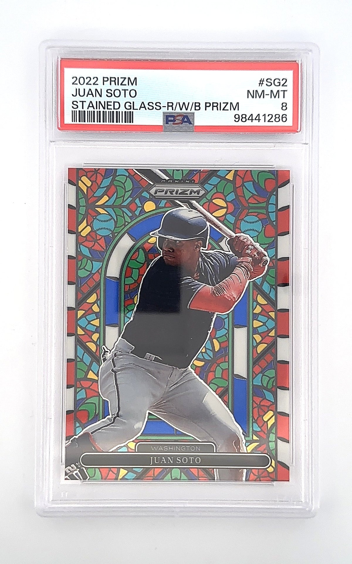 2022 Prizm Juan Soto Stained Glass-R/W/B Prizm #SG2 PSA NM-MT 8 — front