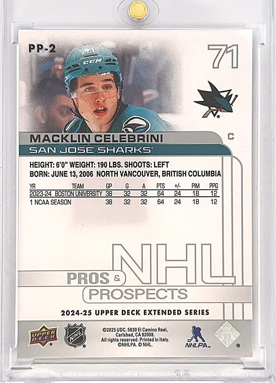 2024-25 Upper Deck Extended Series Macklin Celebrini Pros & Prospects PP-2 — back