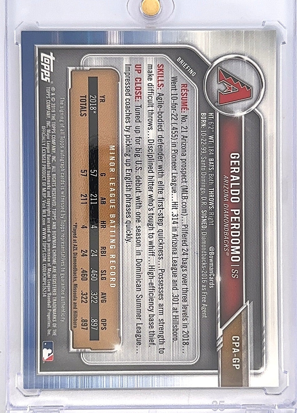 2019 Bowman Chrome Prospects Autographs Geraldo Perdomo [Choice Refractor] #CPA-GP — back