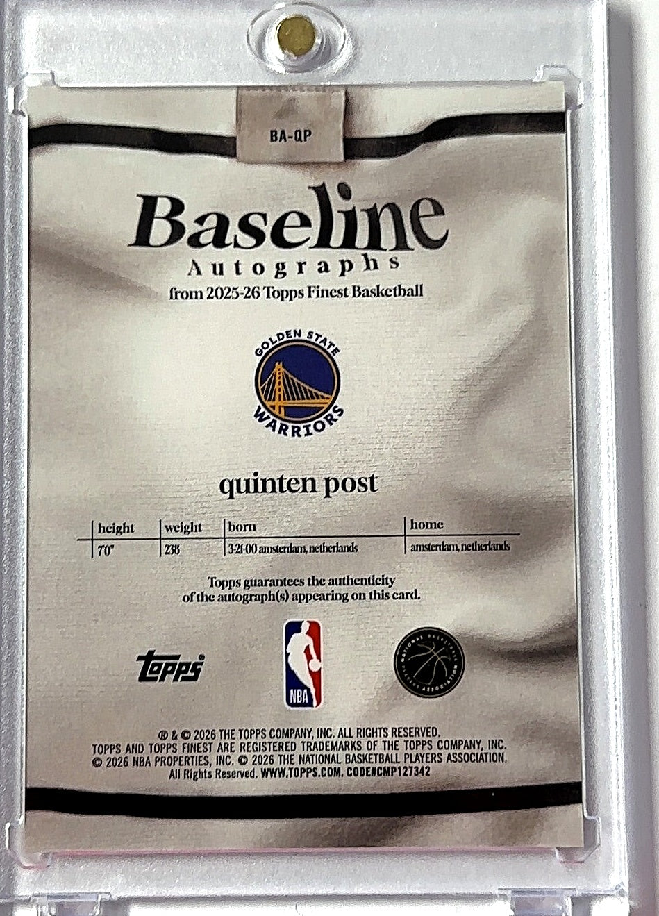 2025 Topps Finest Baseline Autographs Quinten Post /25 #BA-QP AUTO — back