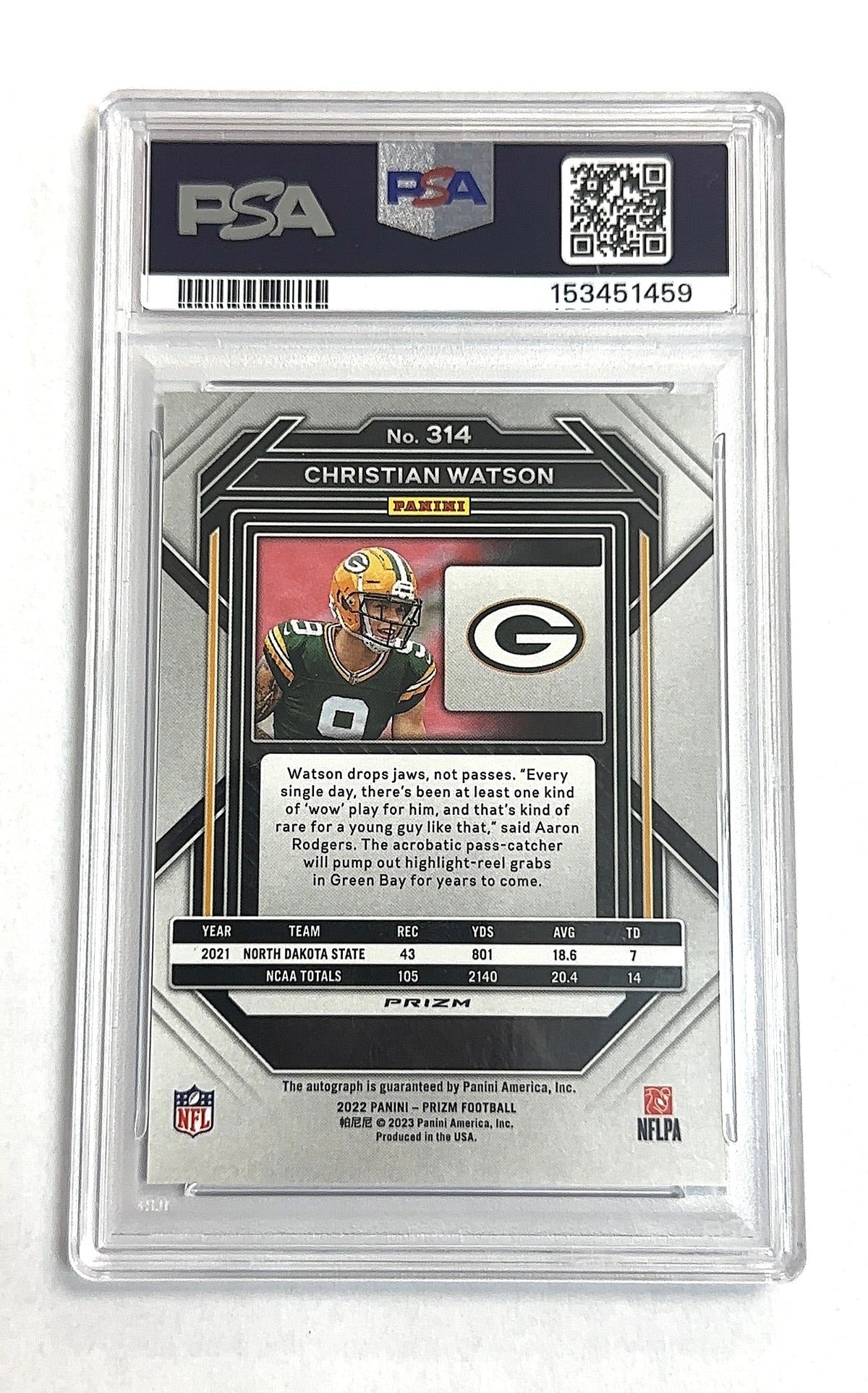 2022 Panini Prizm Christian Watson [Autograph Silver] #314 PSA 9 — back