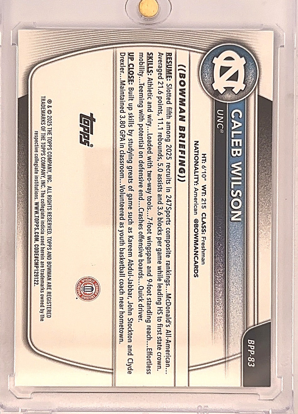 2025 Bowman Prospects Caleb Wilson [Purple Border] #BPP-83 /199 — back
