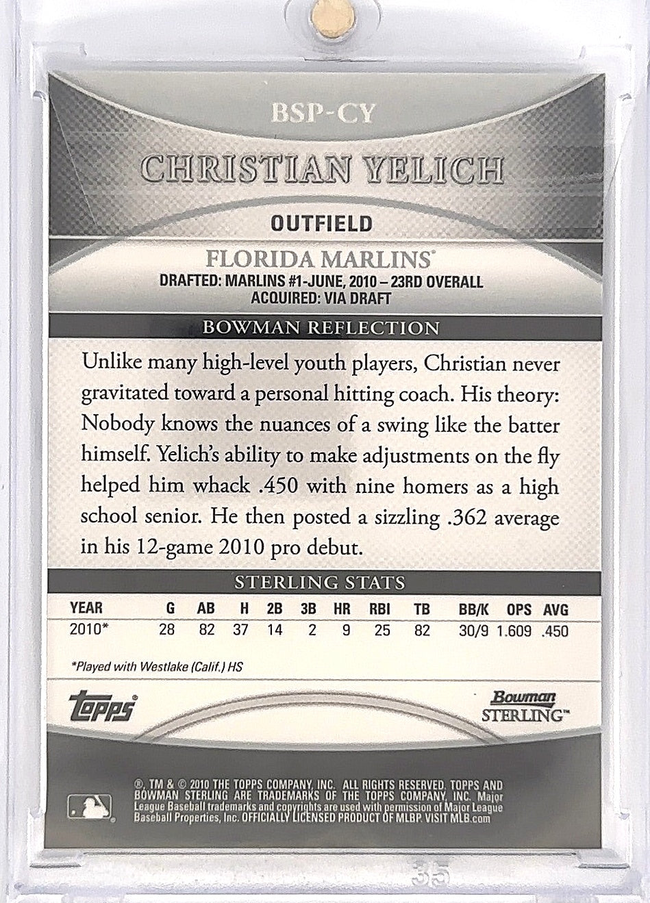 2010 Bowman Sterling Prospects Christian Yelich [Autograph] #BSPCY — back