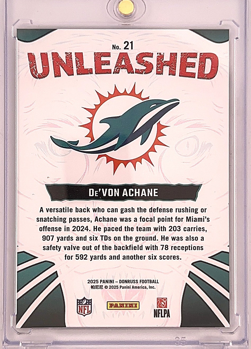 2025 Panini Donruss Unleashed De'Von Achane #21 — back