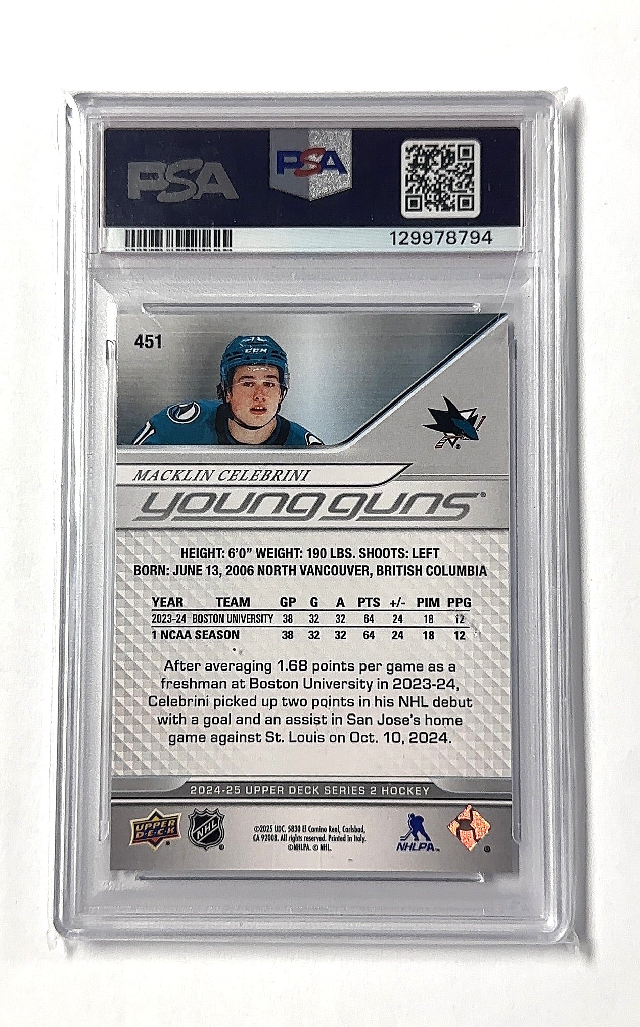 2024 Upper Deck Macklin Celebrini PSA MINT 9 — back