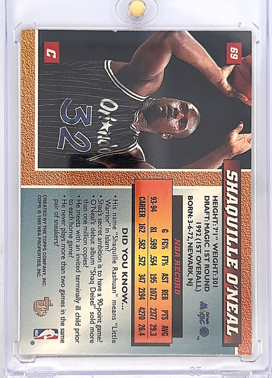 1994 Topps Embossed Shaquille O'Neal [Gold] #69 — back