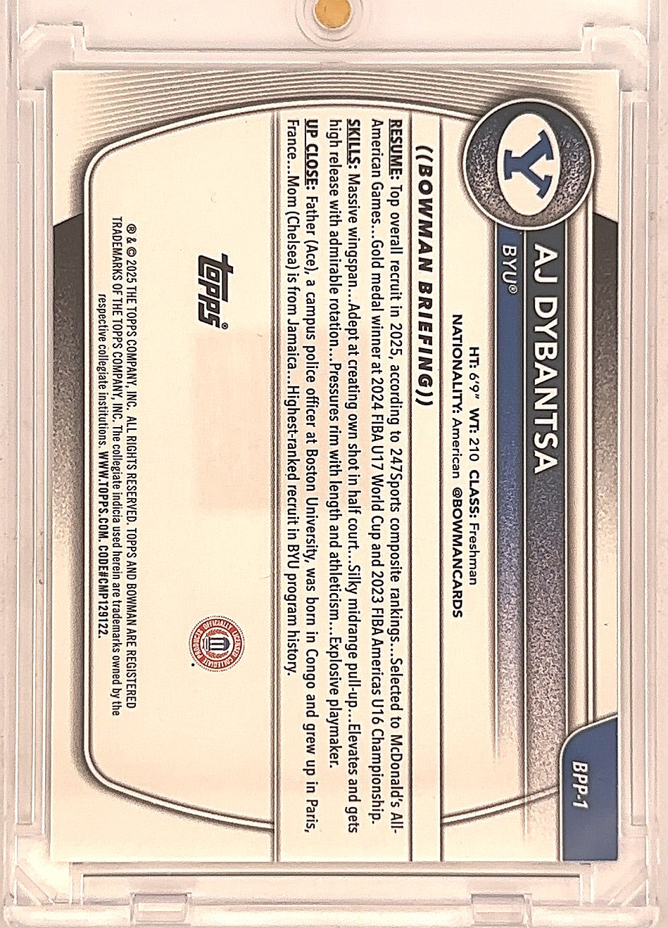 2025 Bowman Prospects AJ Dybantsa [Purple Border] #BPP-1 — back