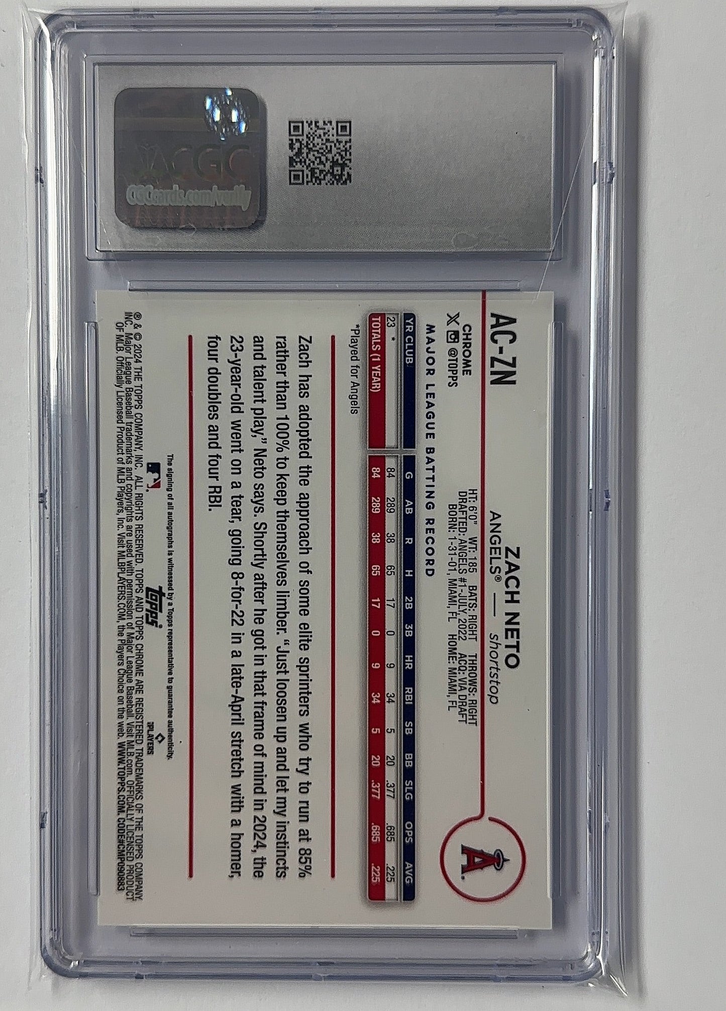 Zach Neto - CGC 9/AUTO 10 Chrome Update Autographs — back