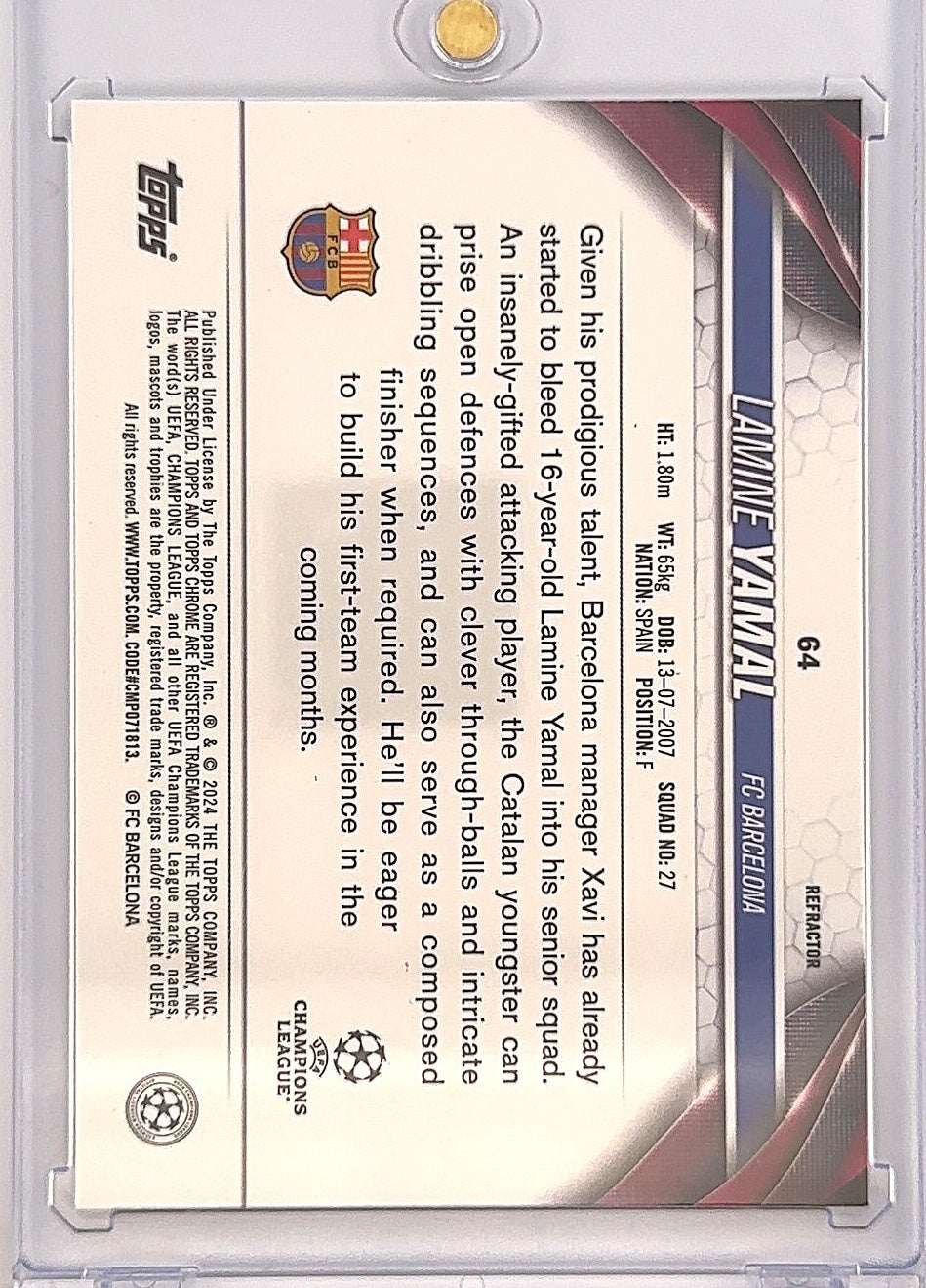 Lamine Yamal Topps Chrome Refractor #64 — back