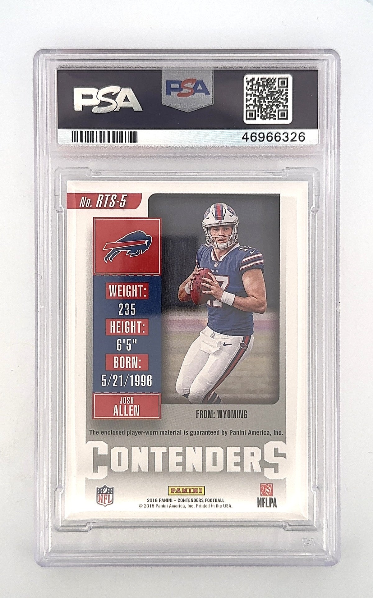 Josh Allen 2018 Panini Contender Rookie Ticket Swatch PSA MINT 9 — back