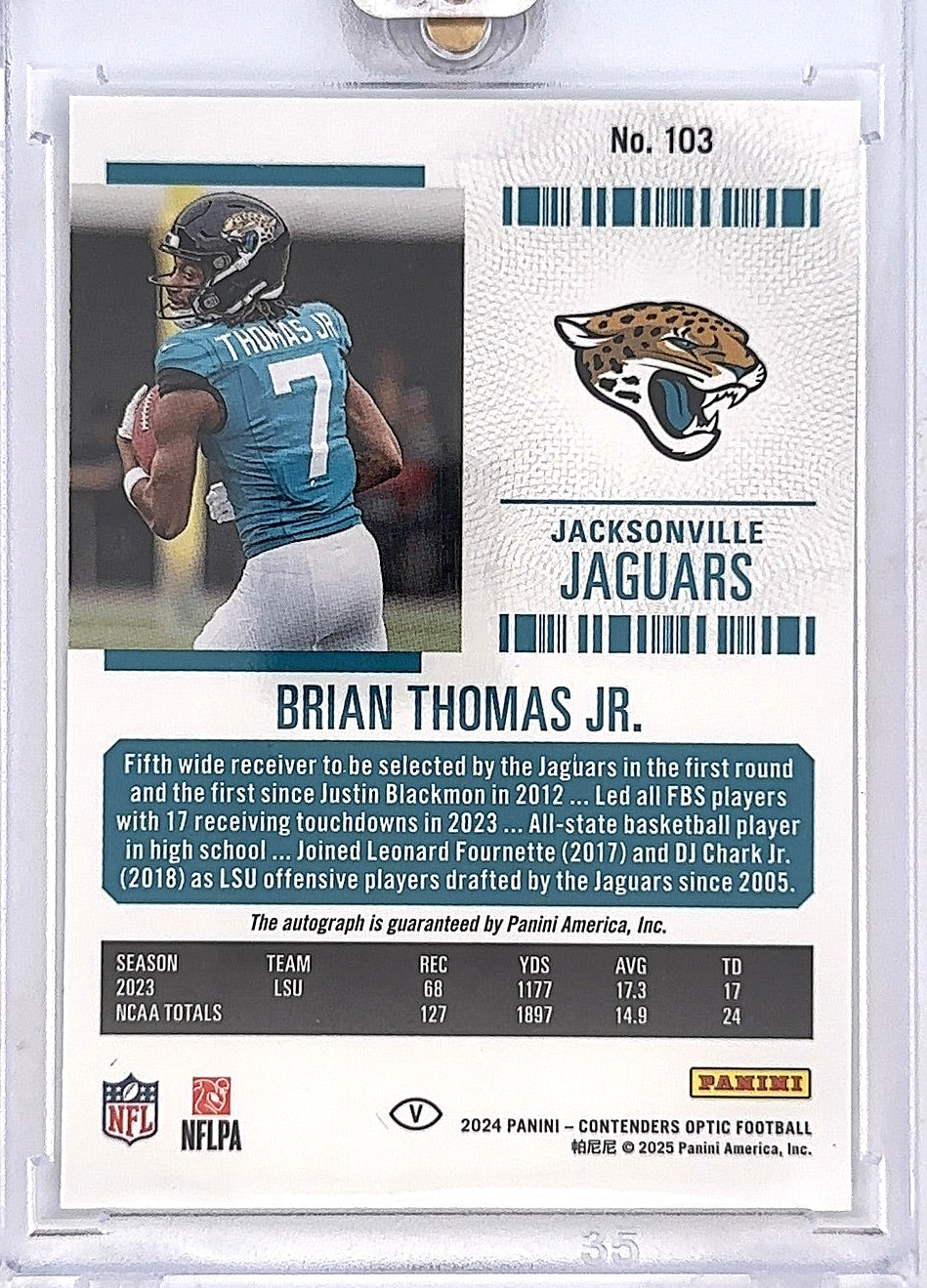 Brian Thomas Jr Rookie Ticket Auto — back