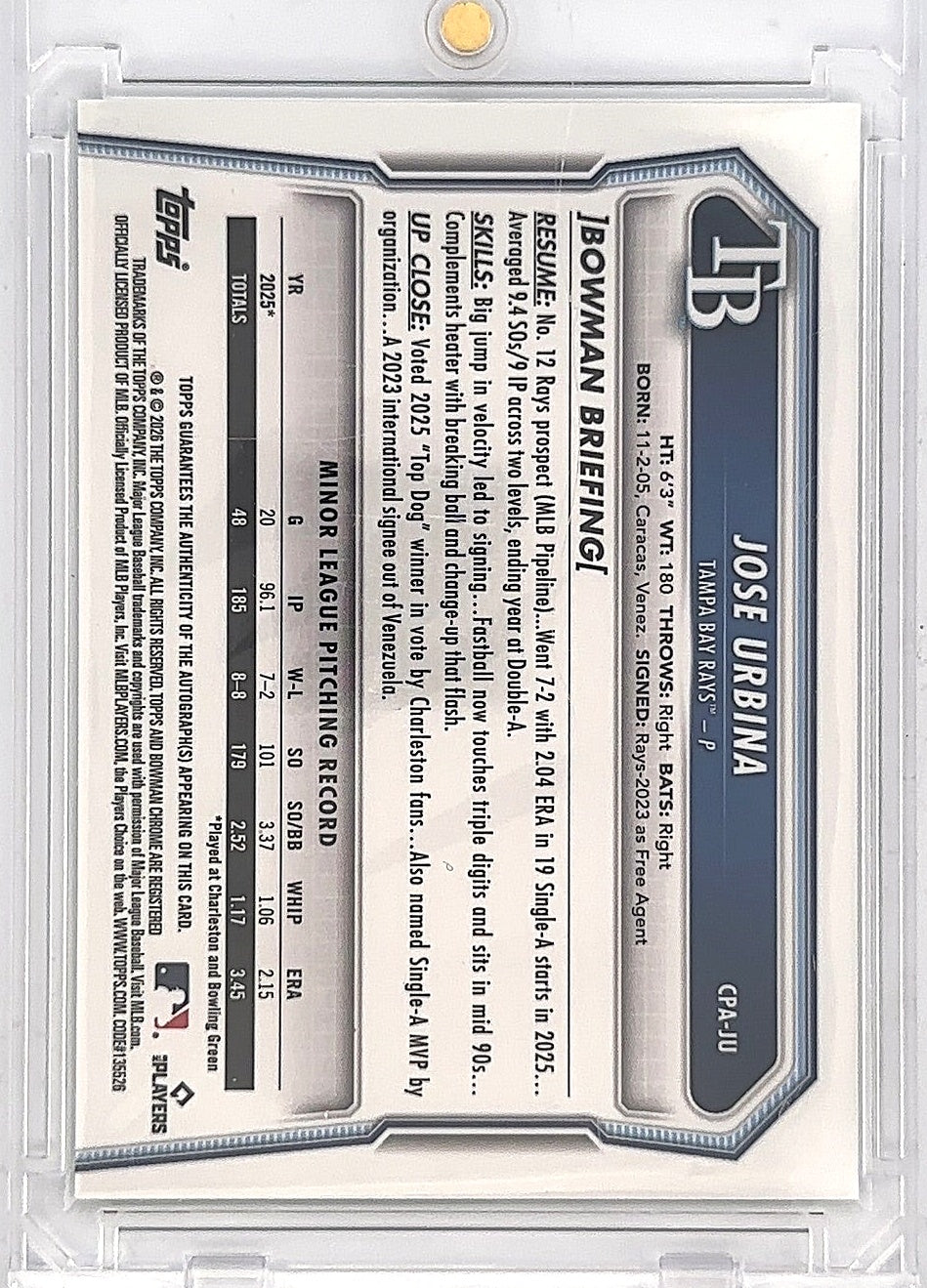 2026 Bowman Chrome Prospect Autograph Jose Urbina [Green Shimmer Refractor] #CPA-JU — back