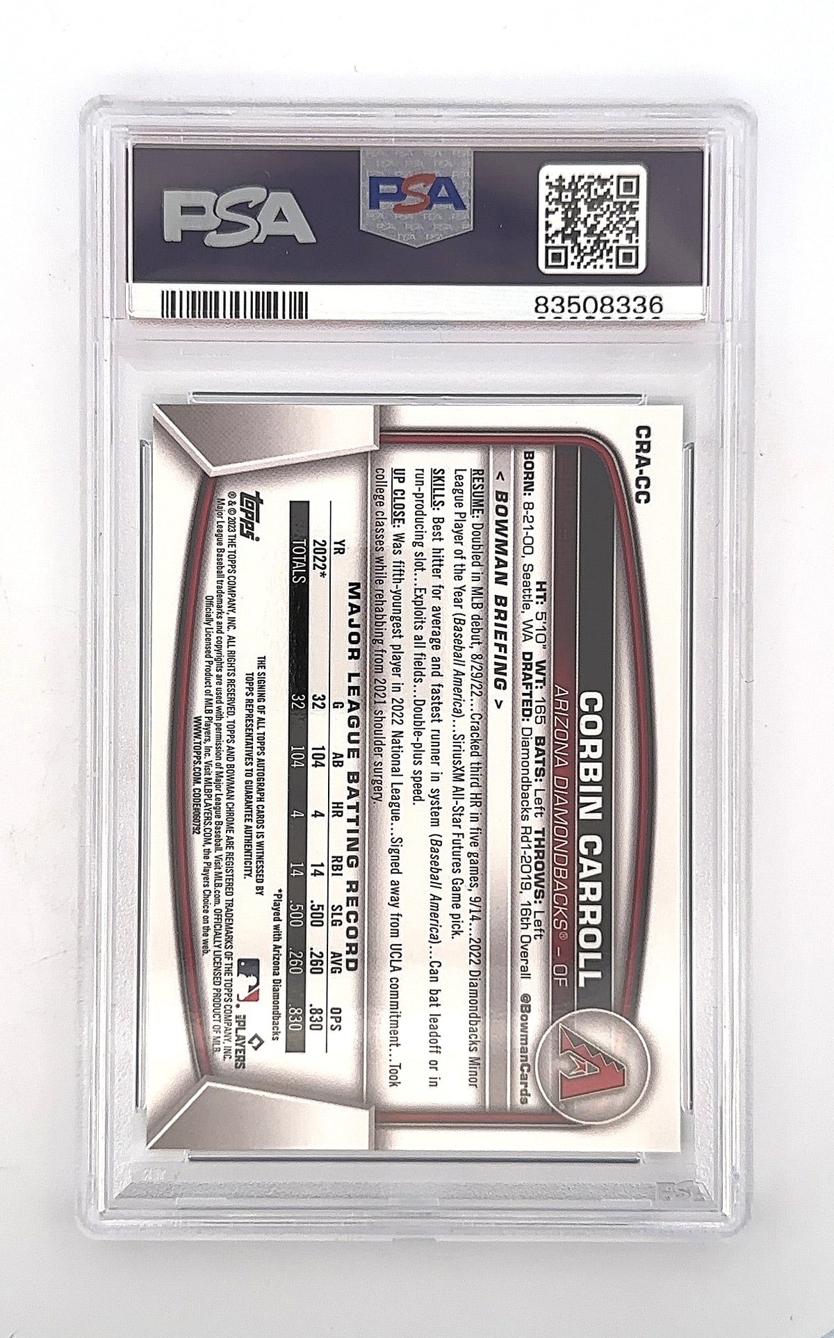 2023 Bowman Chrome Rookie Autographs Corbin Carroll [Green] #CRA-CC PSA 10 — back