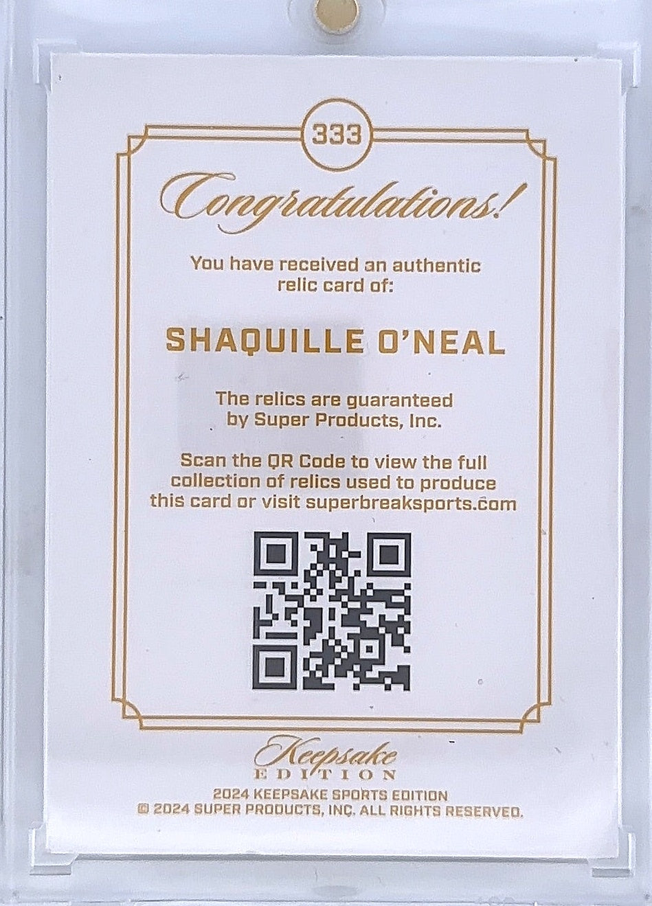 Shaquille O’Neal Gem Relic 54/99 #333 — back