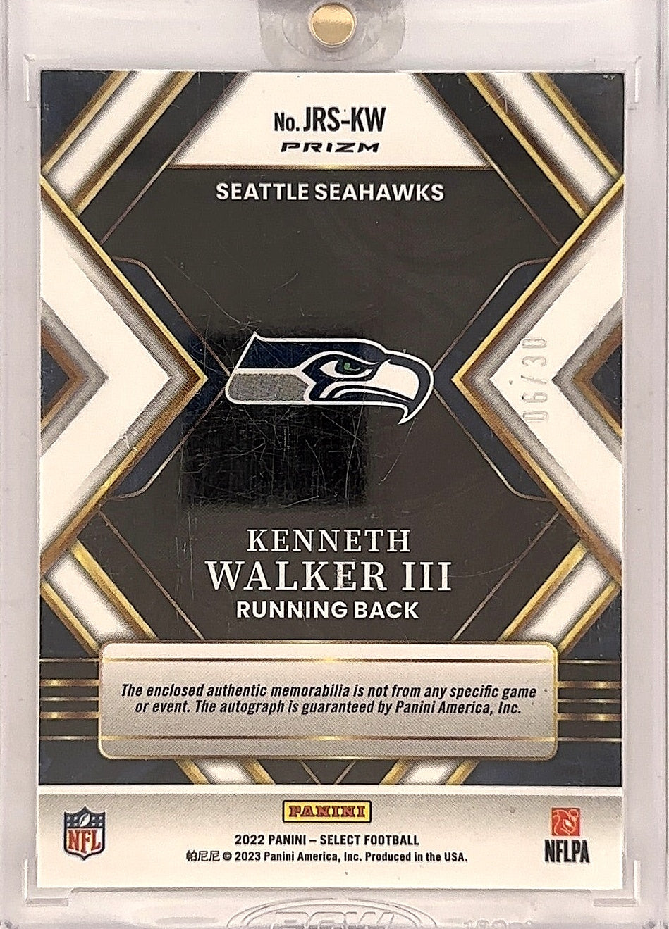 Kenneth Walker III Select Rookie Patch Auto /30 — back
