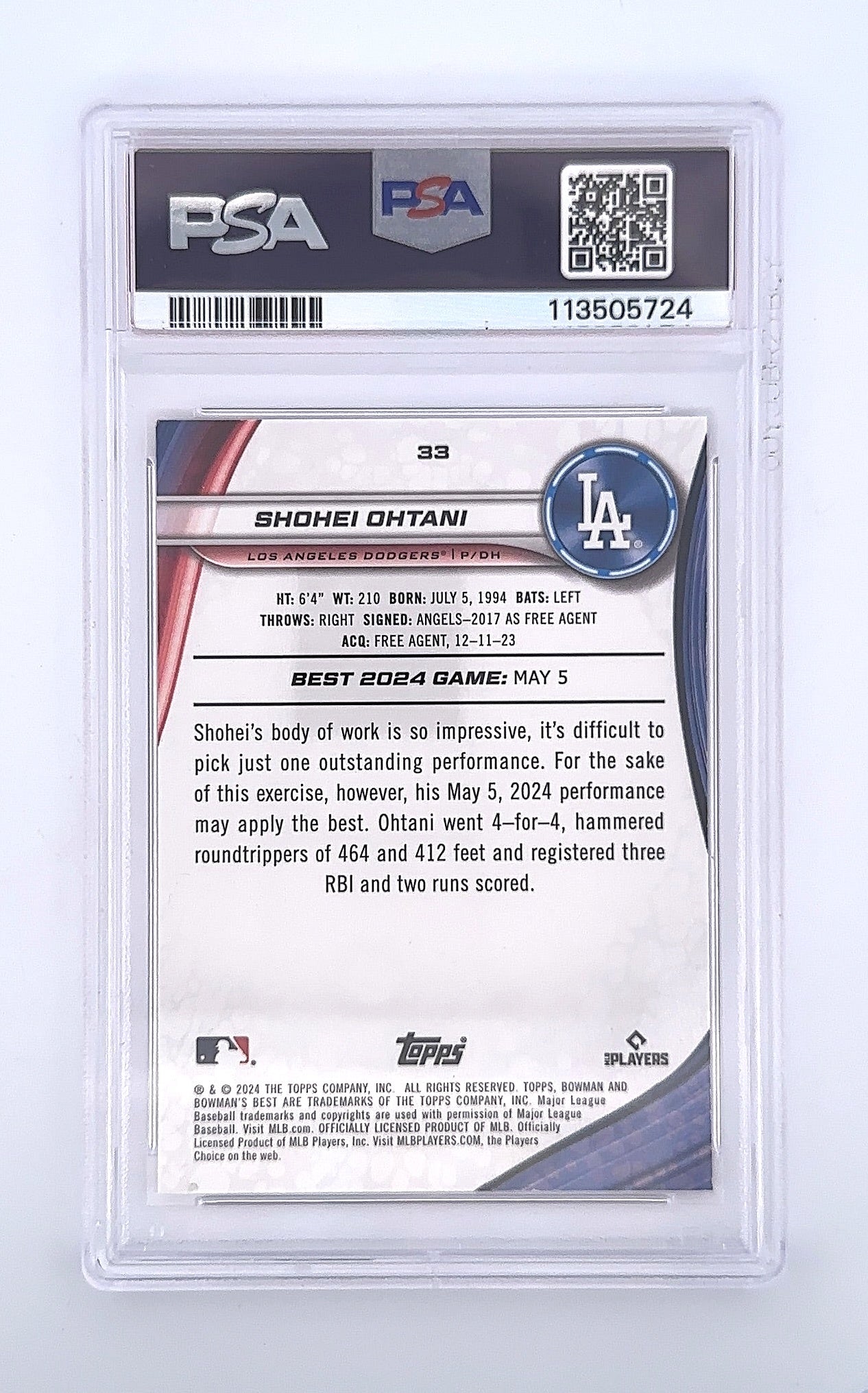 2024 Bowman Shohei Ohtani #33 PSA 9 — back