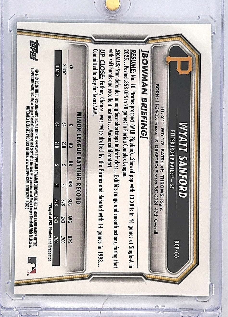 2026 Bowman Chrome Prospect Wyatt Sanford [Aqua Mojo Refractor] #BCP-66 — back