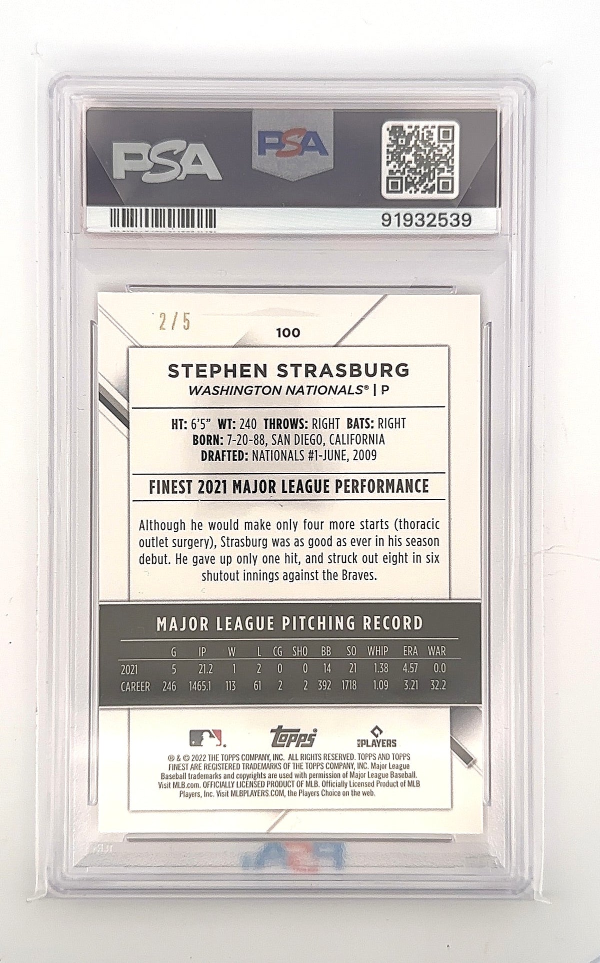 Stephen Strasburg 2022 Finest #100 Red Refractor PSA MINT 9 — back