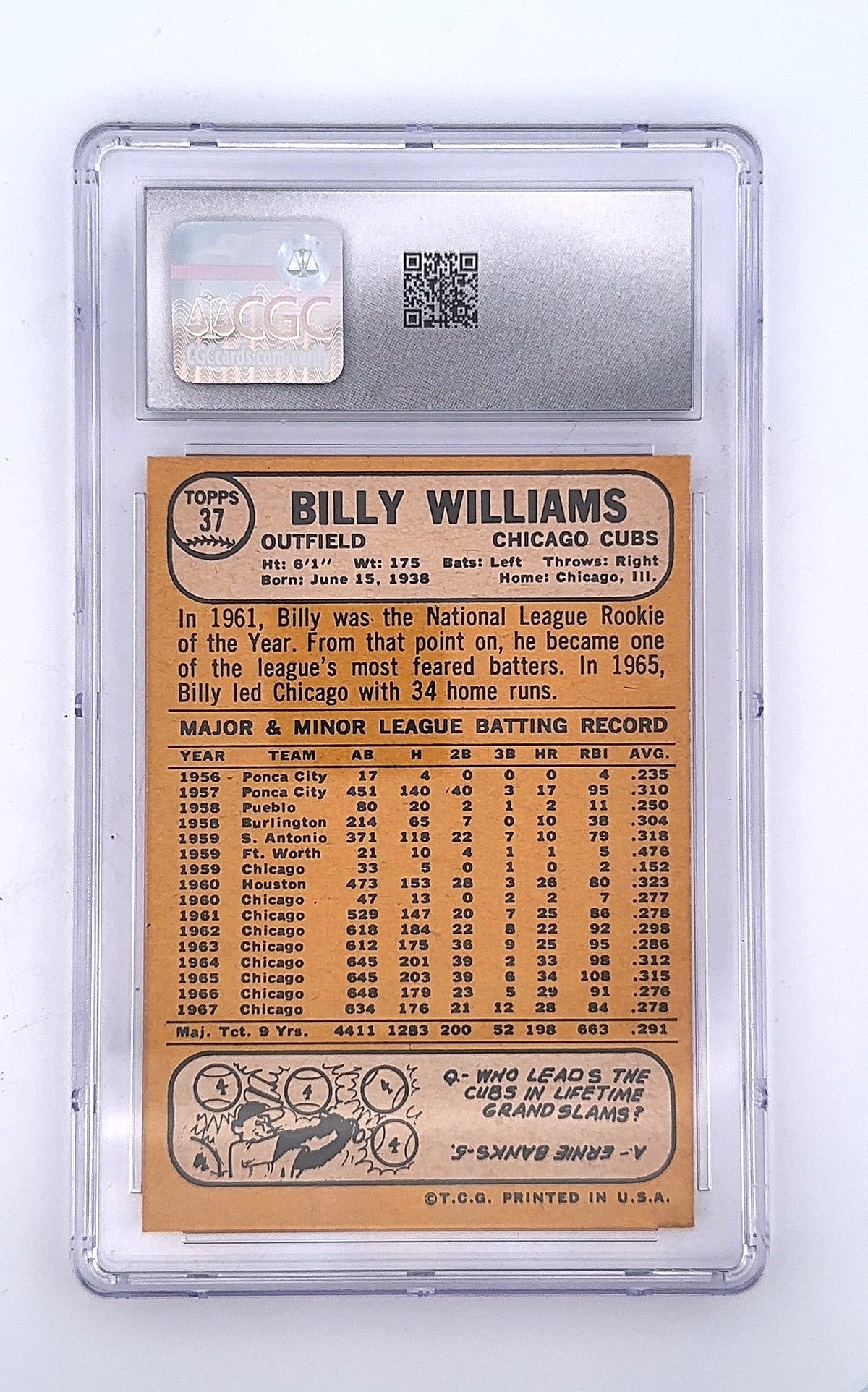 Billy Williams 1968 Topps #37 CGC NM 7 — back