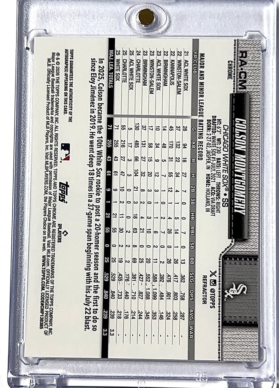 2026 Topps Chrome Rookie Autograph Colson Montgomery #RA-CM AUTO — back
