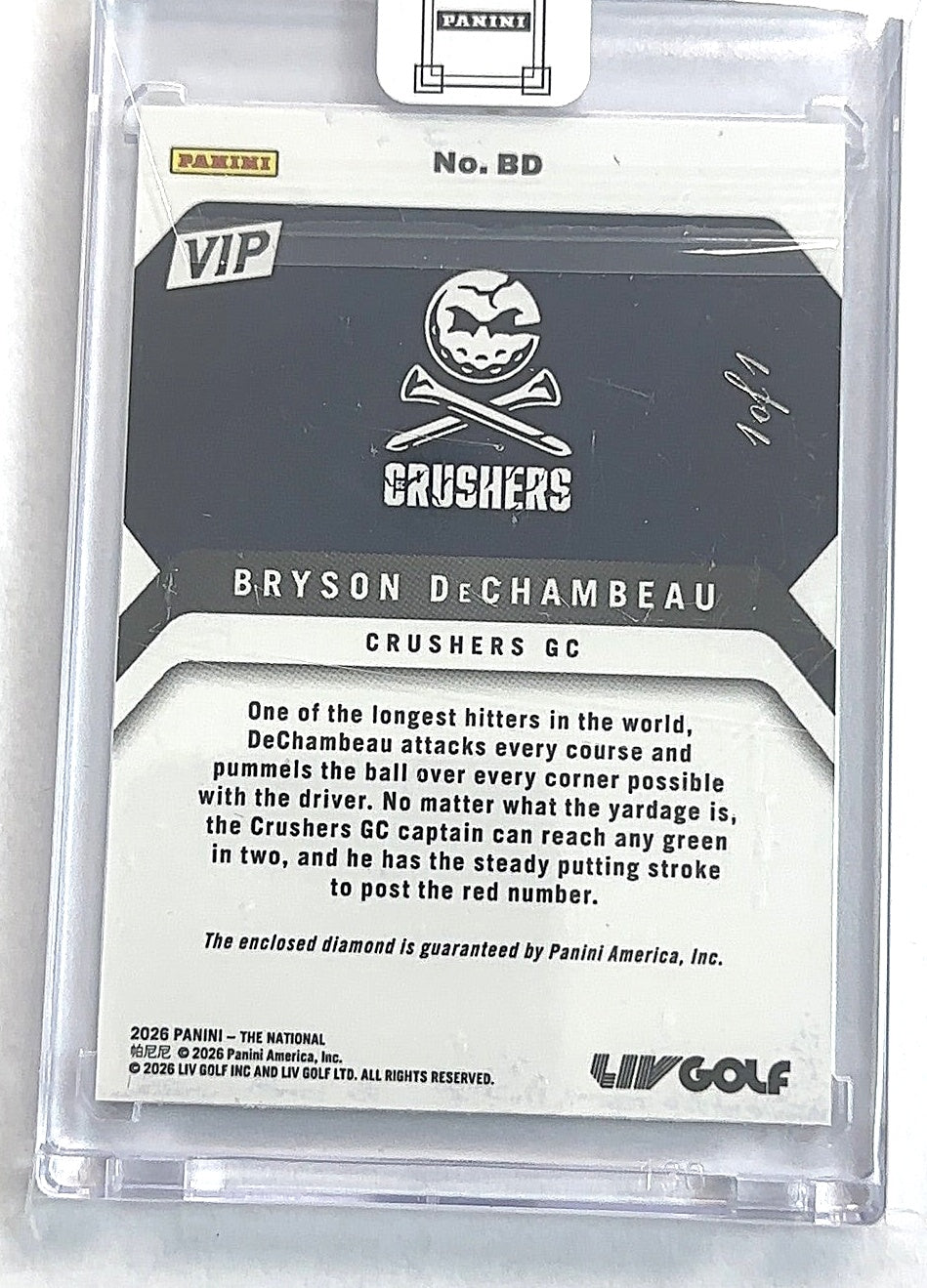 Bryson DeChambeau Panini VIP 1/1 — back