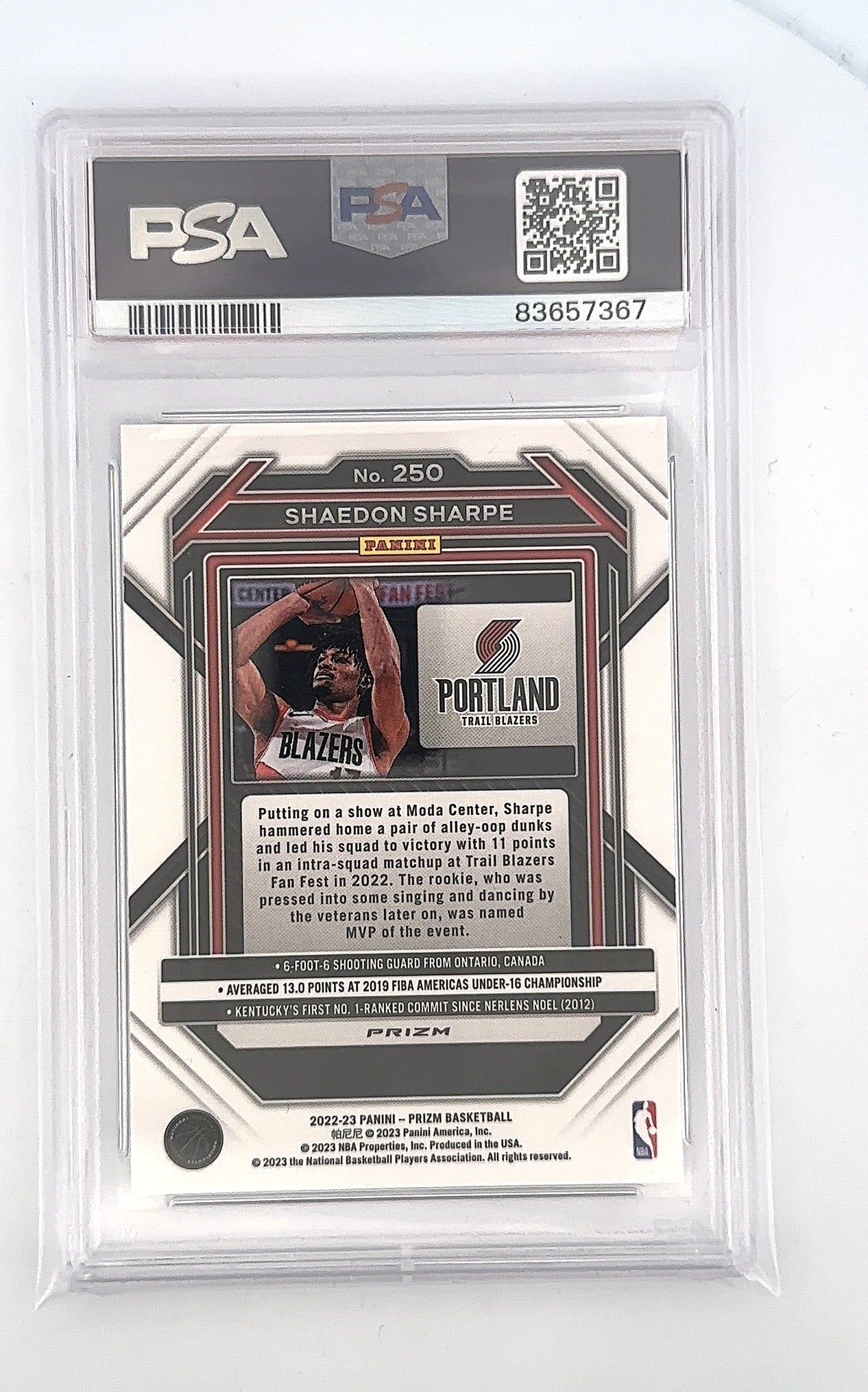 Shaedon Sharpe 2022 Hyper Prizm 250 PSA GEM MT 10 — back