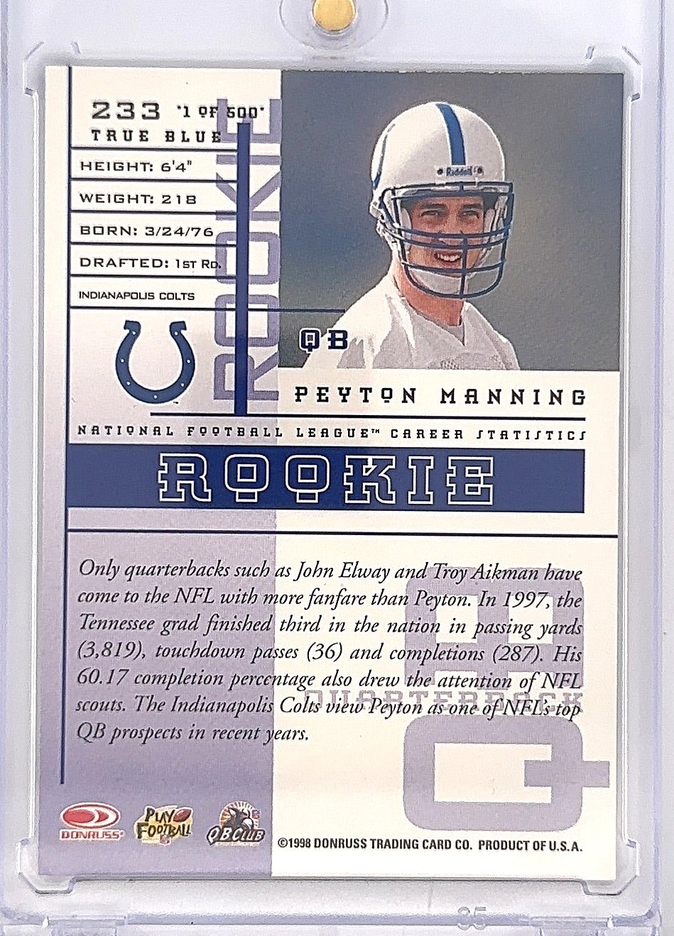 1998 Leaf Rookies & Stars Peyton Manning [True Blue] #233 — back