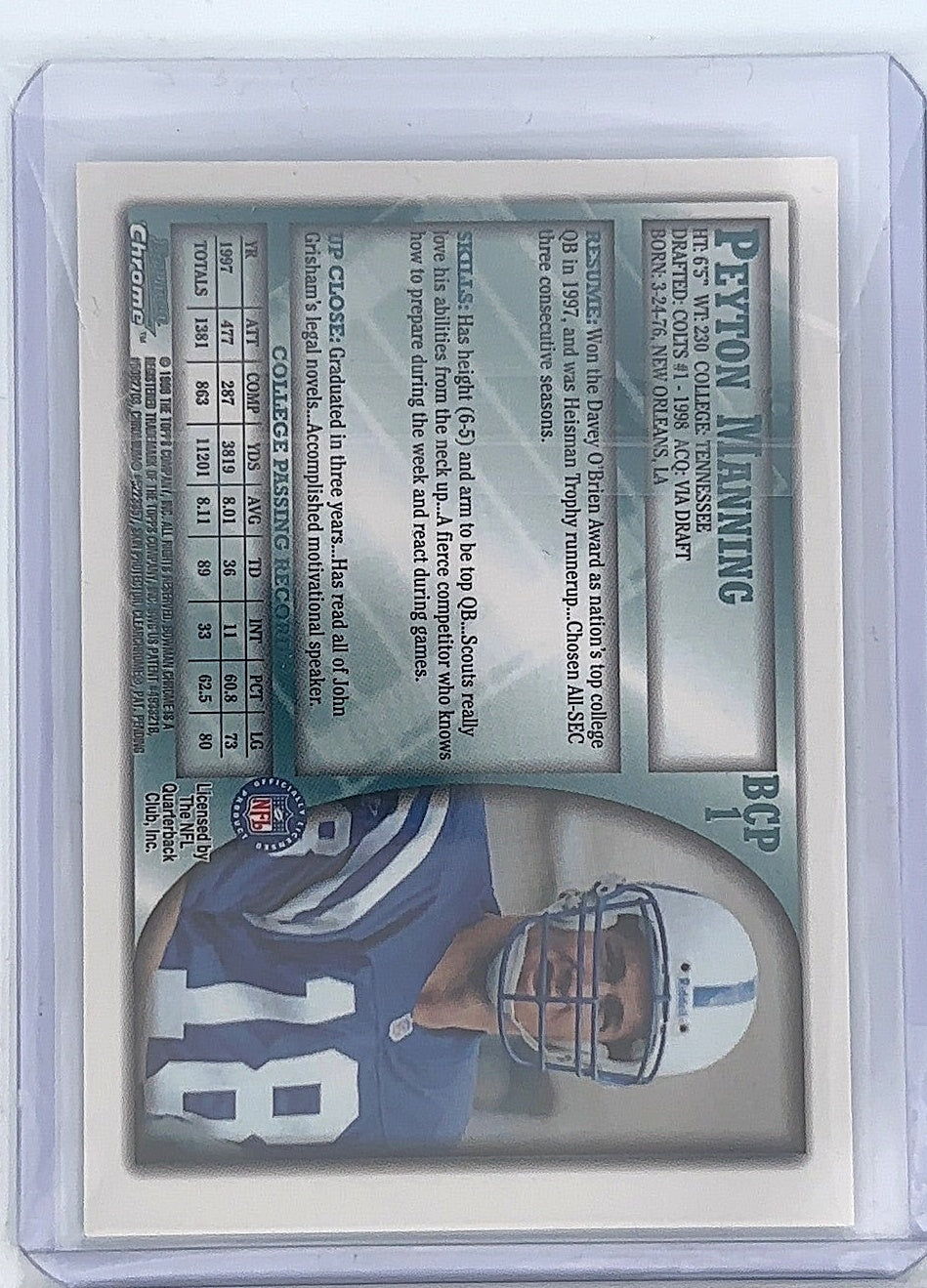 Peyton Manning 1998 Topps Bowman Chrome — back