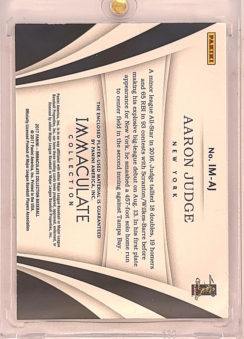 2017 Immaculate Aaron Judge Relic /49 #IM-AJ — back