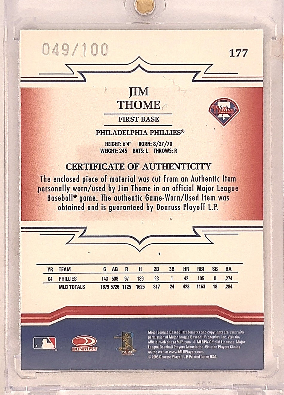 2005 Throwback Threads Jim Thome #177 /100 — back