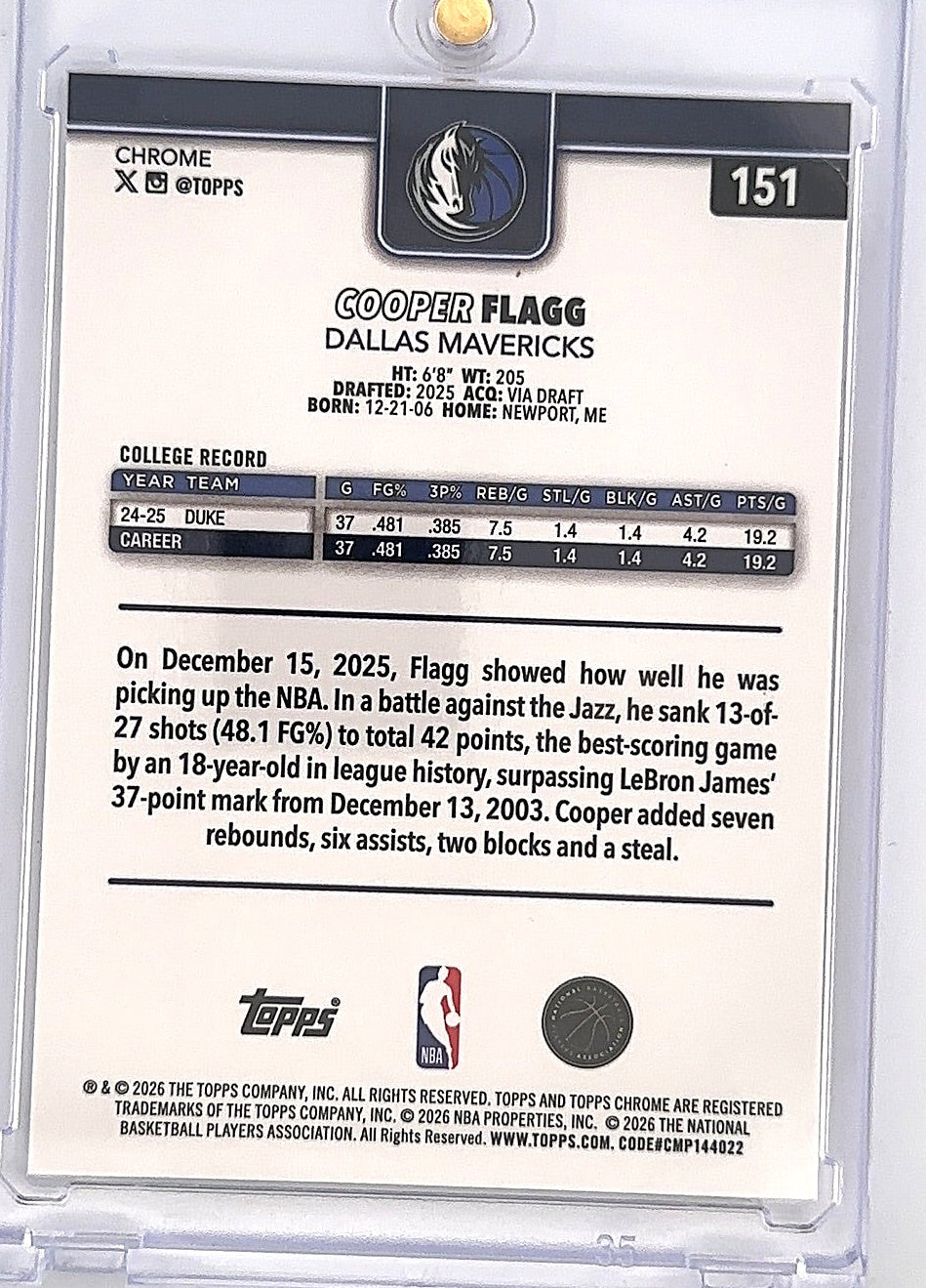 2025 Topps Chrome Update Cooper Flagg #151 — back