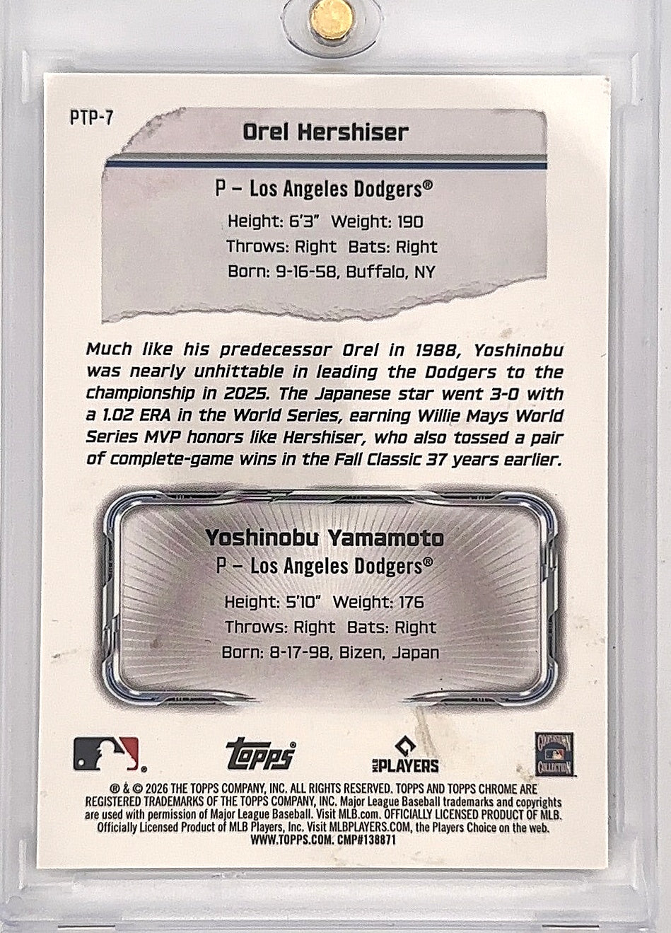 2026 Topps Chrome Past To Present Orel Hershiser / Yoshinobu Yamamoto [Refractor] #PTP-7 — back