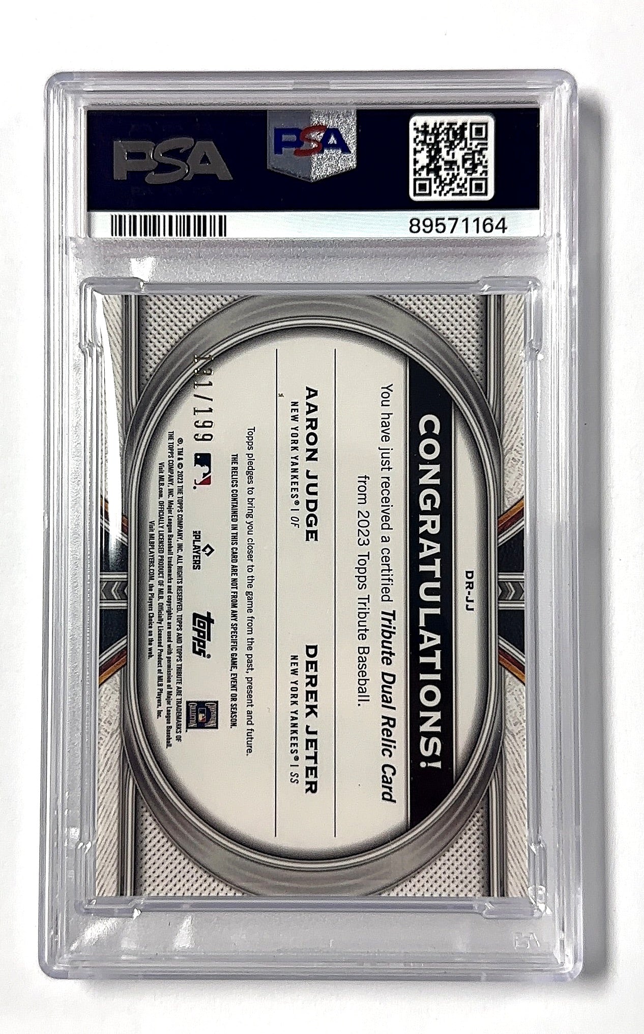 Derek Jeter / Aaron Judge Tribute Dual Relics Dual Player PSA 8 — back
