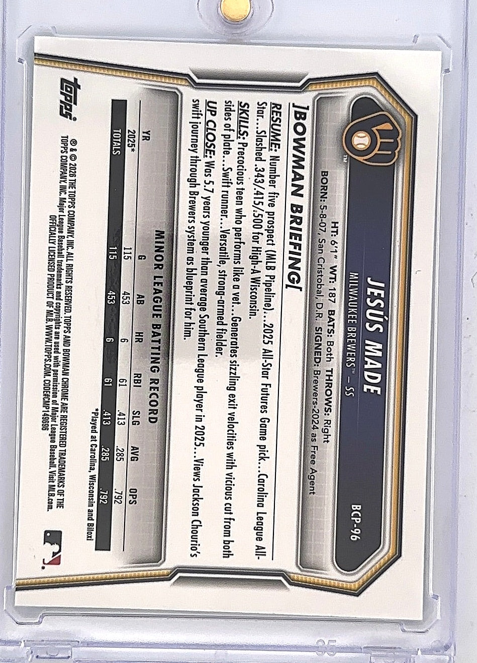 2026 Bowman Chrome Prospect Jesus Made [Neon Green Mojo Refractor] #BCP-96 — back