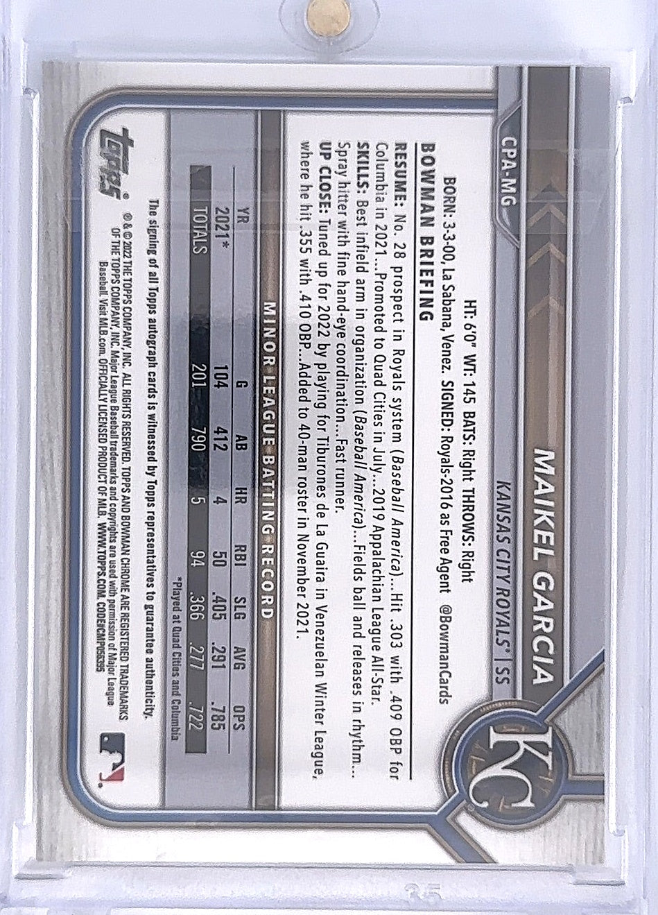 2022 Bowman Chrome Prospect Autographs Maikel Garcia #CPA-MG — back