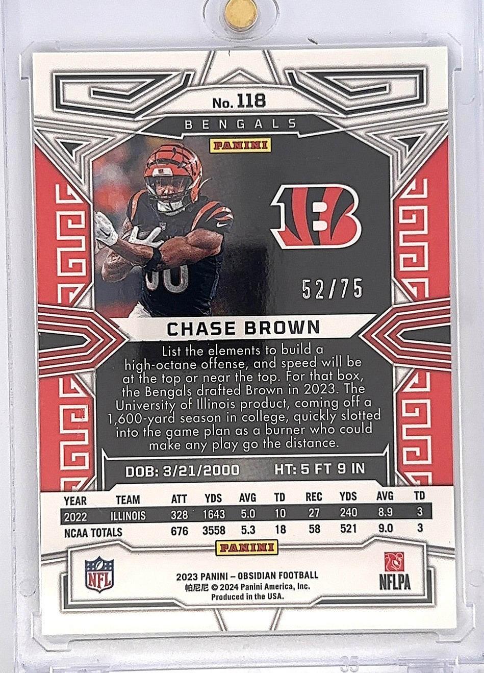 2023 Panini Obsidian Chase Brown [Asia] #118 — back