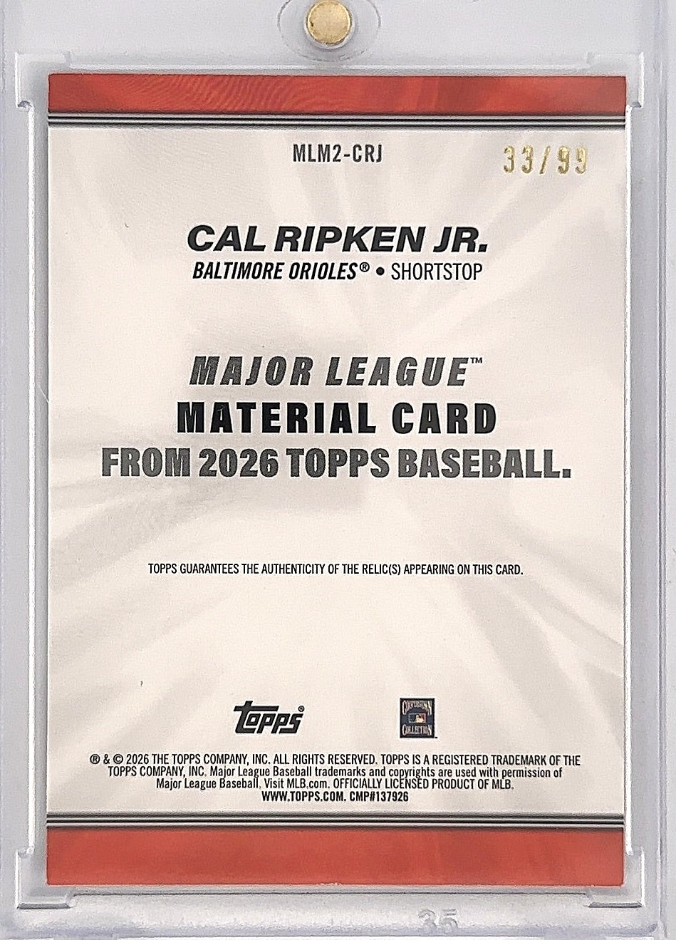 2026 Topps Series 2 Major League Materials Cal Ripken Jr. [Green] #MLM2-CRJ — back