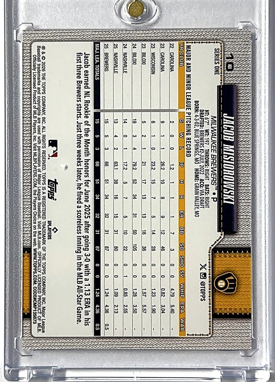 2026 Topps Jacob Misiorowski Green Polka Dot #10 RC — back