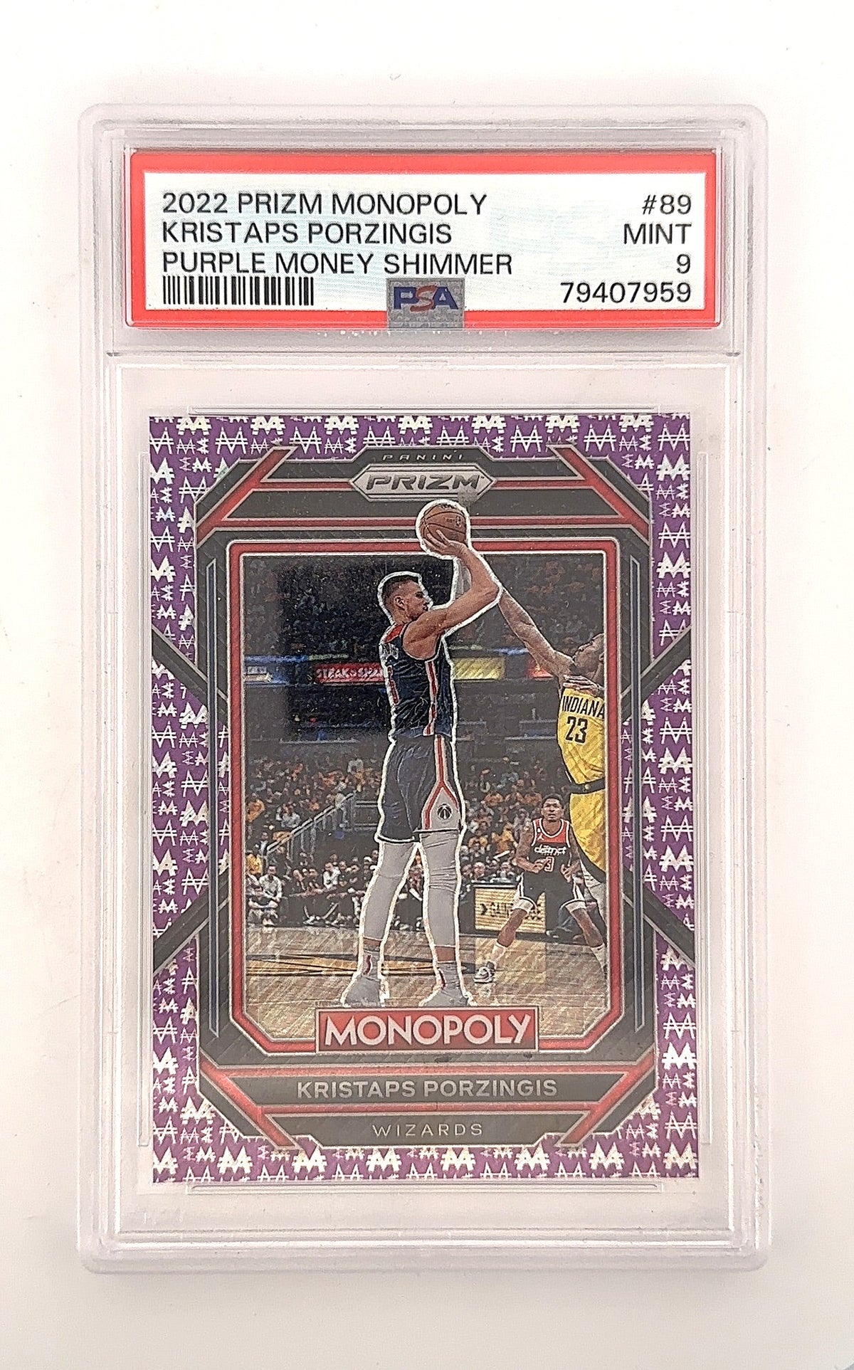 2022 Panini Prizm Monopoly Kristaps Porzingis [Purple Money Shimmer] #89 PSA 9 — front