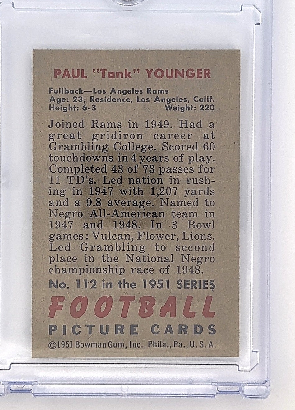 Paul Younger #112 1951 Series Football Picture Cards 1951 Bowman Gum — back