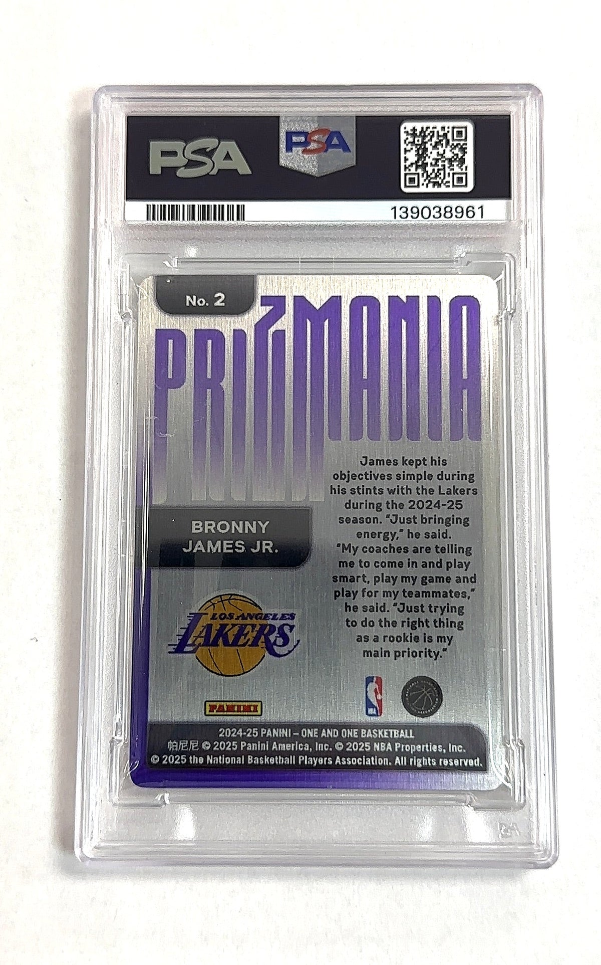 2024 Panini One and One Prizmania Bronny James Jr. #2 PSA 9 — back