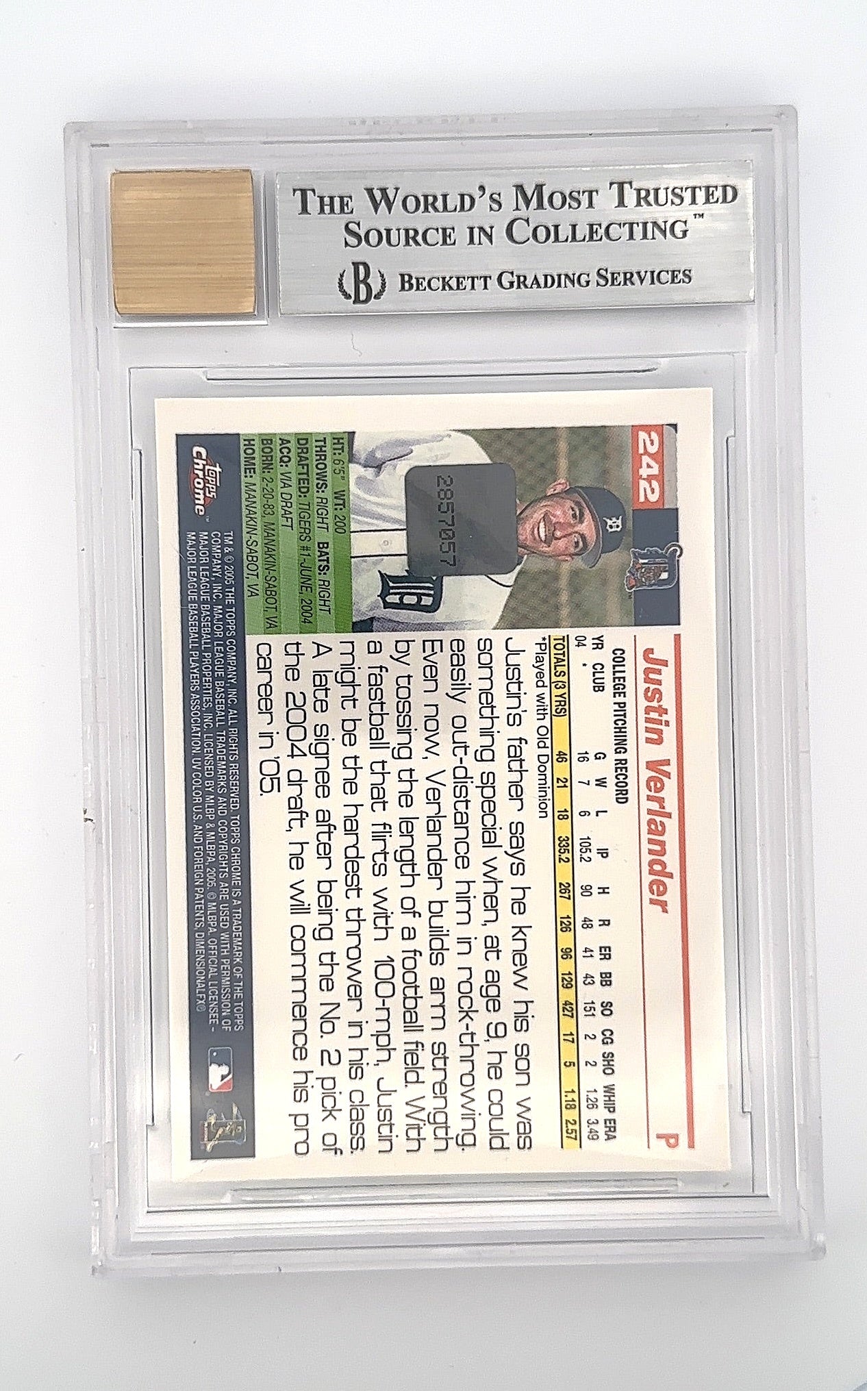 2005 Topps Chrome Justin Verlander [Autograph] #242 RC AUTO BGS 9 — back