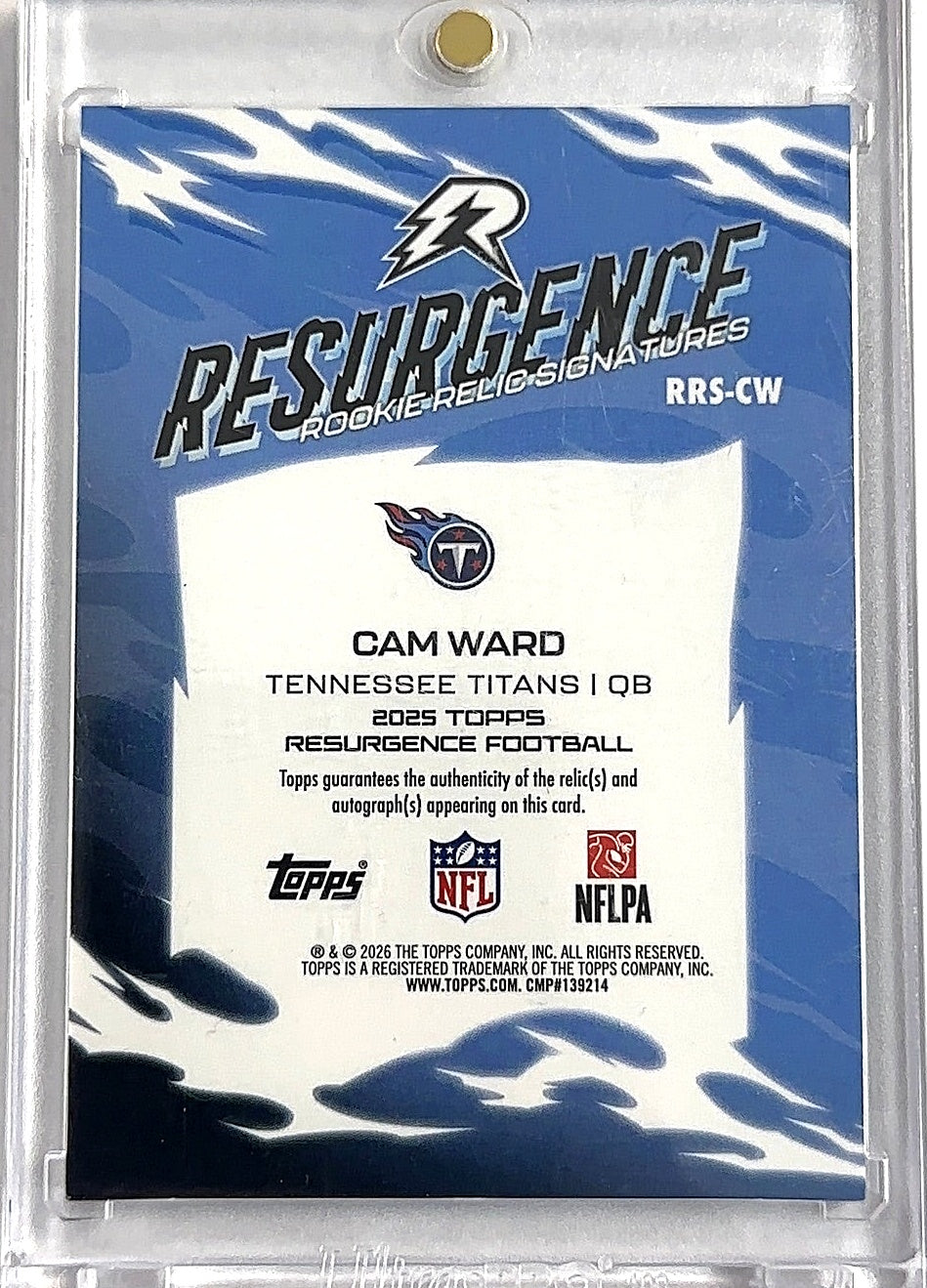 2025 Topps Resurgence Rookie Relic Signature Cam Ward #RRS-CW — back