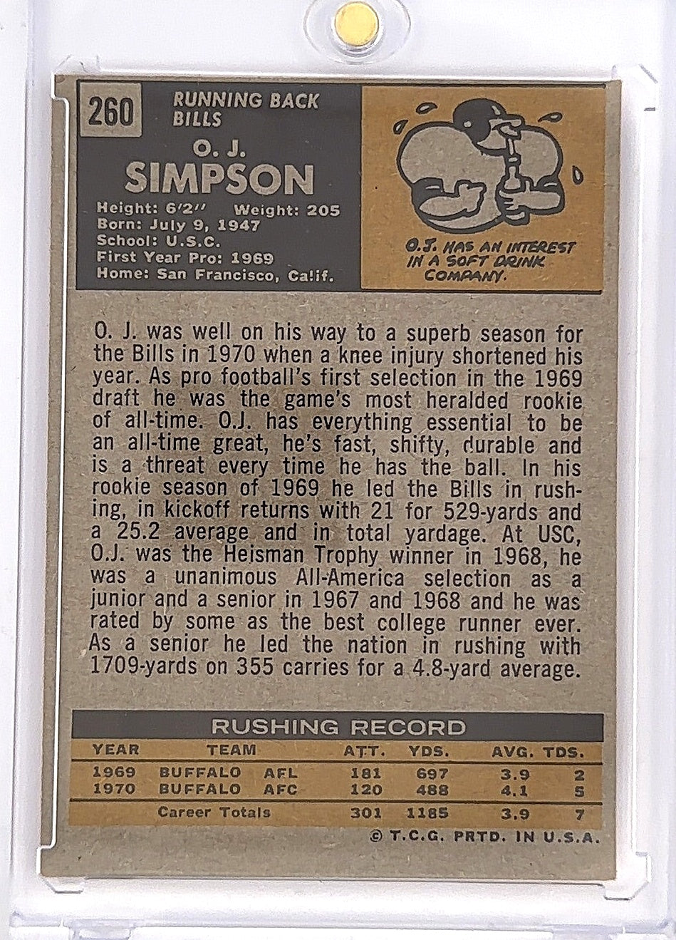 1971 Topps O.J. Simpson #260 — back