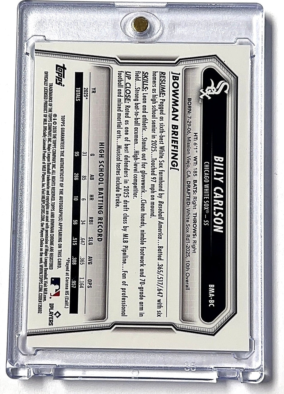 2026 Bowman Prospect Mega Autograph Billy Carlson [Mojo] #BMA-BC AUTO — back