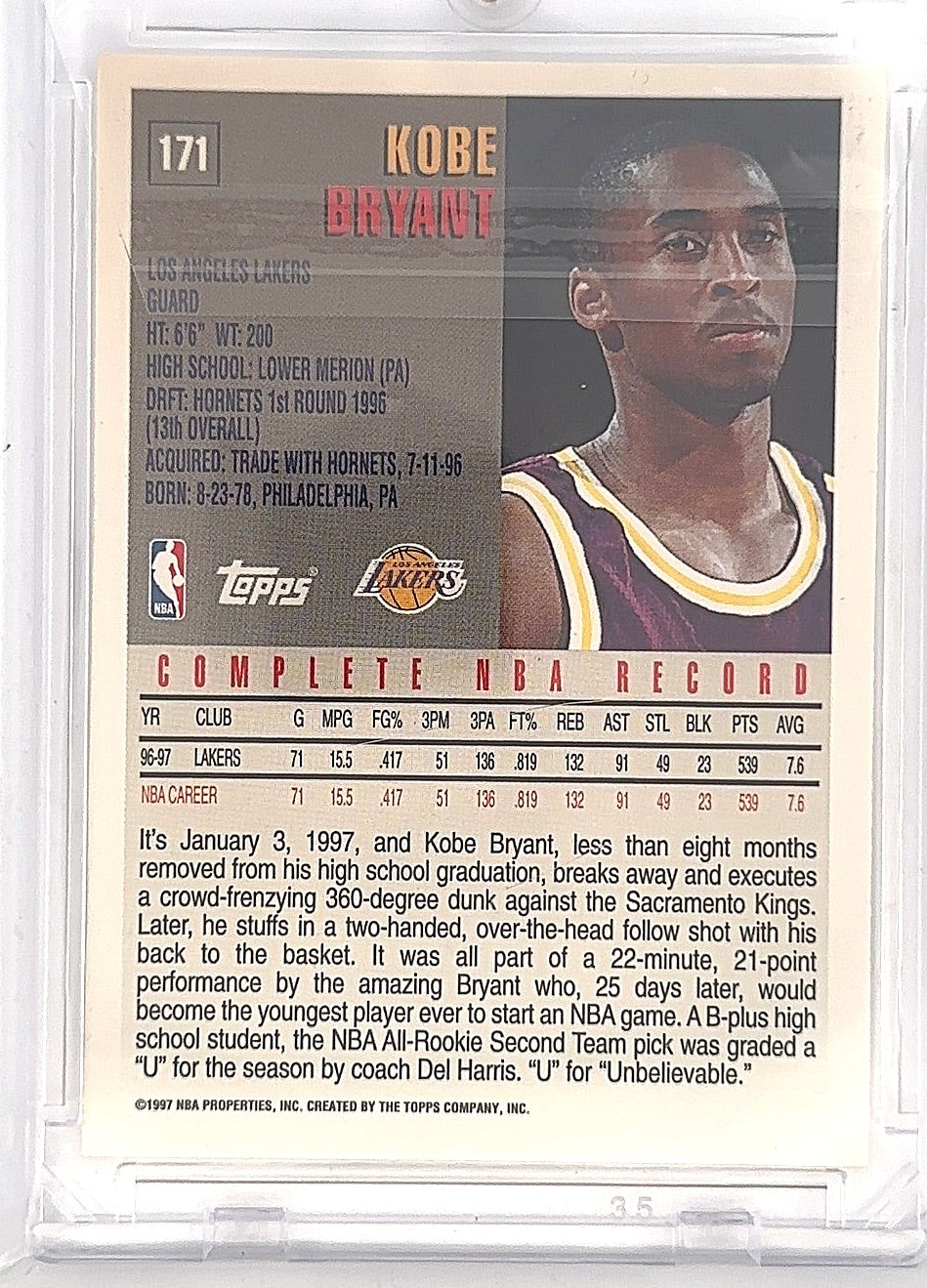Kobe Bryant 1997 Topps 171 — back