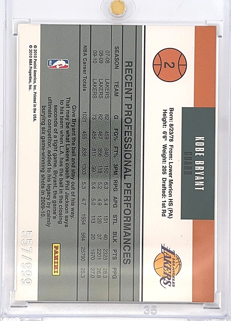 Kobe Bryant Gamers DonRuss #2 557/999 — back